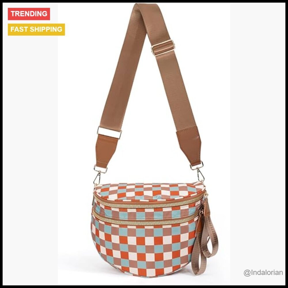 Checkered Crossbody Bag Nylon Bum Bag Spacious Hobo Purse Adjustable Strap